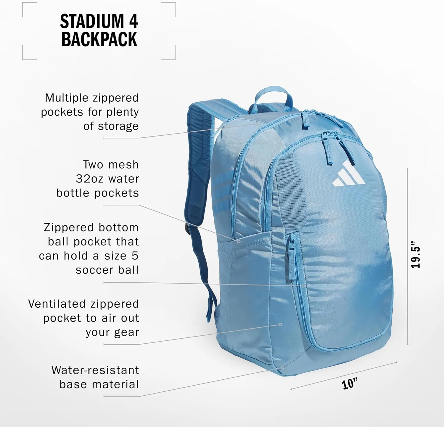adidas Stadium Team Sports Backpack for Men and Women (36l) Durable Athletic Laptop Bag, Light Blue/4.0, One Size