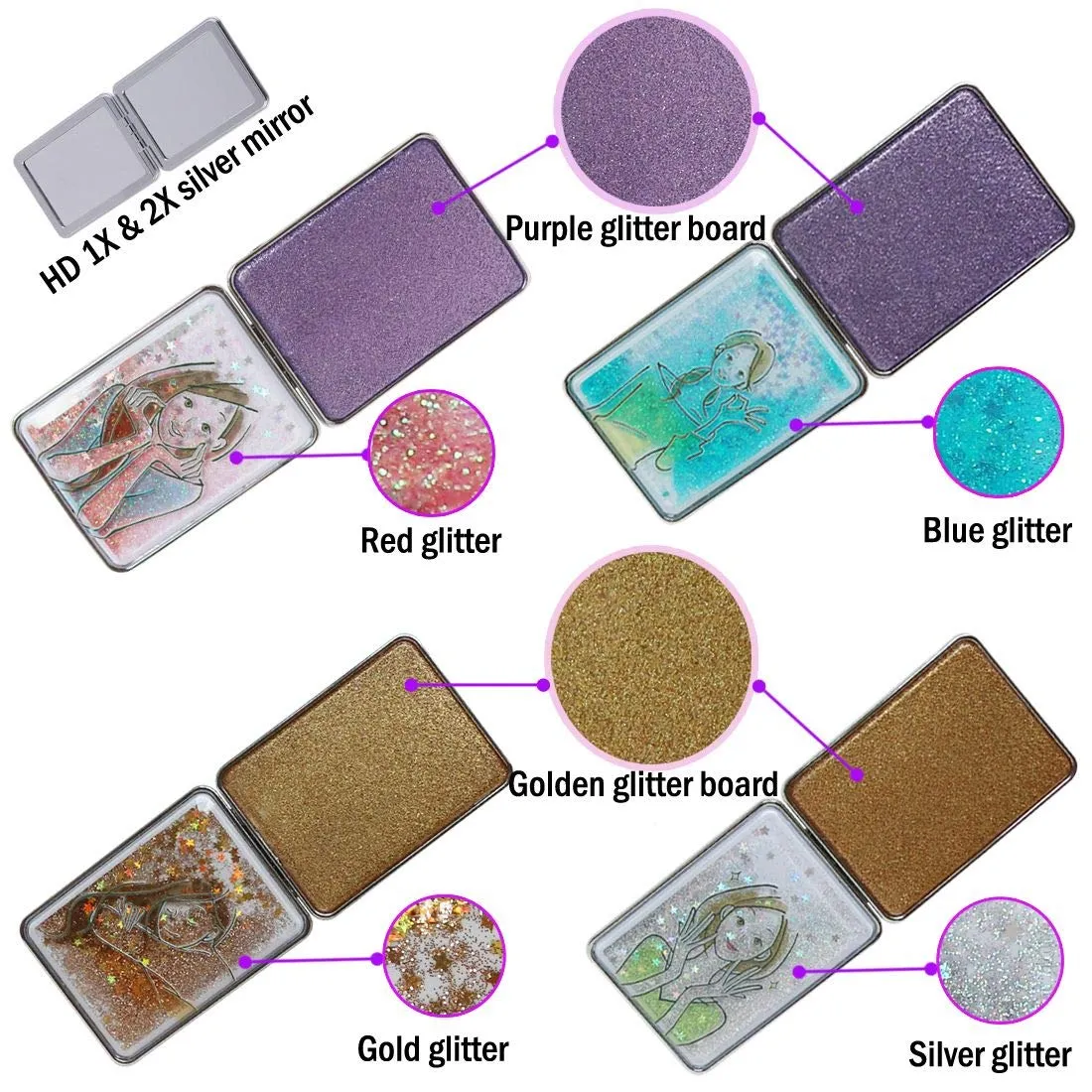 Beaufy Magnifying Travel Makeup Compact Mirror Bulk Handheld Small Mini Pocket Purse Mirrors Folding Portable - Dual Beauty Mirrors for Women - Beauty Girl Mixed Designs - 4 Pack