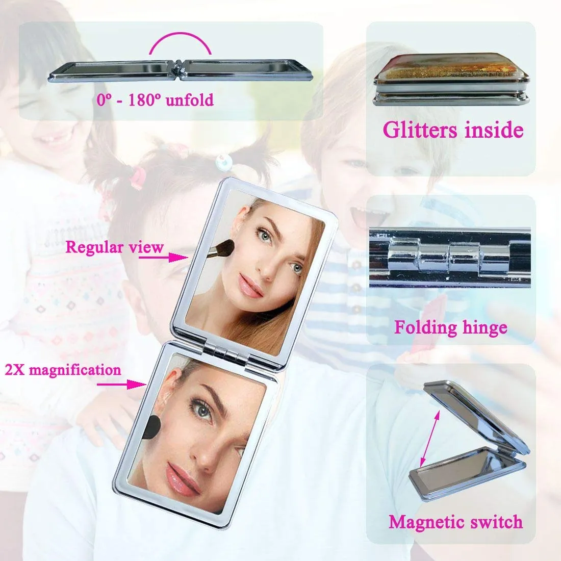 Beaufy Magnifying Travel Makeup Compact Mirror Bulk Handheld Small Mini Pocket Purse Mirrors Folding Portable - Dual Beauty Mirrors for Women - Beauty Girl Mixed Designs - 4 Pack