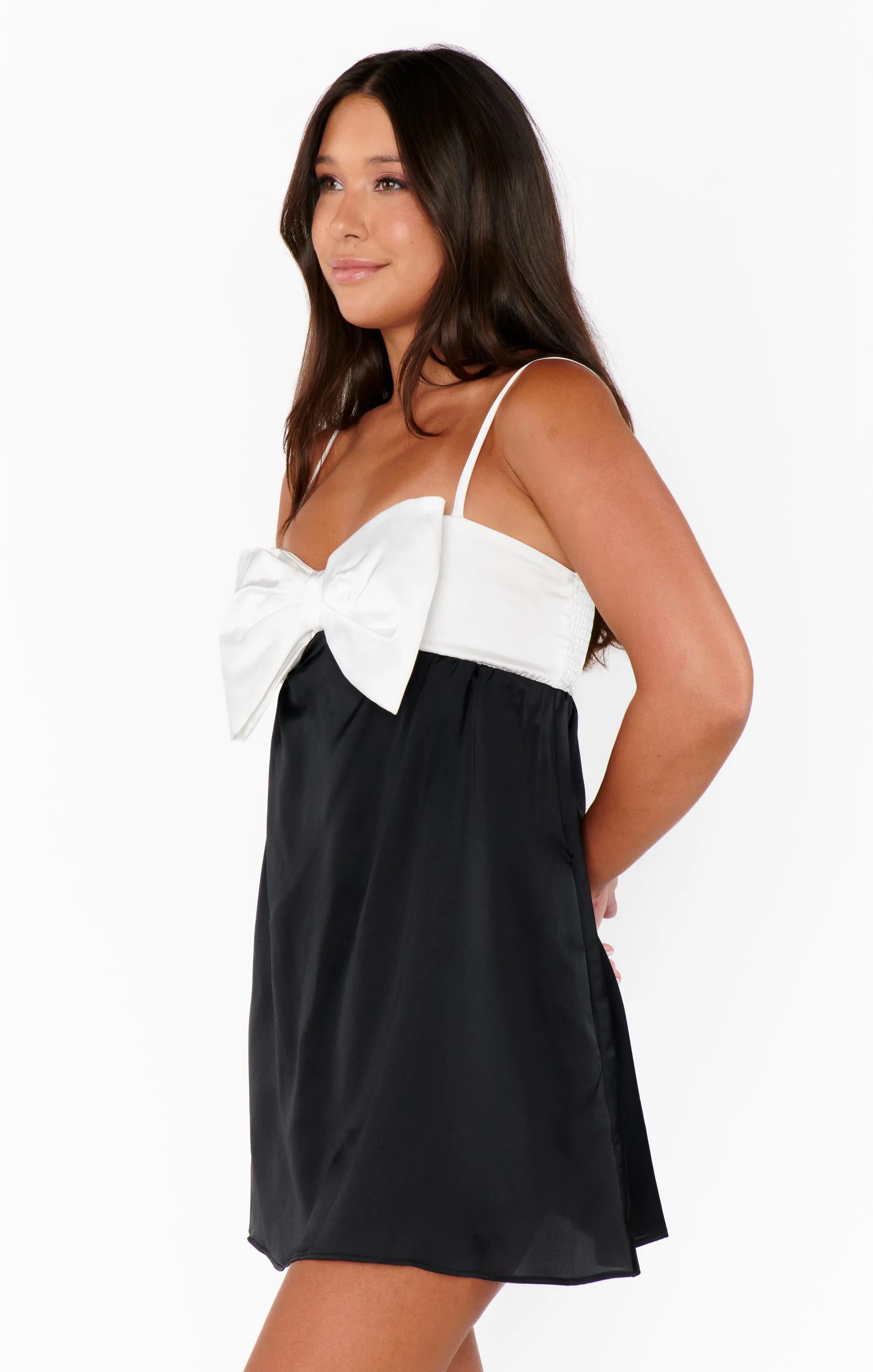 Best Bow Dress ~ Colorblock Black Luxe Satin