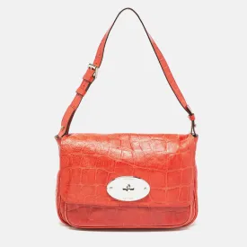 Coral Red Croc Embossed Leather Shoulder Bag