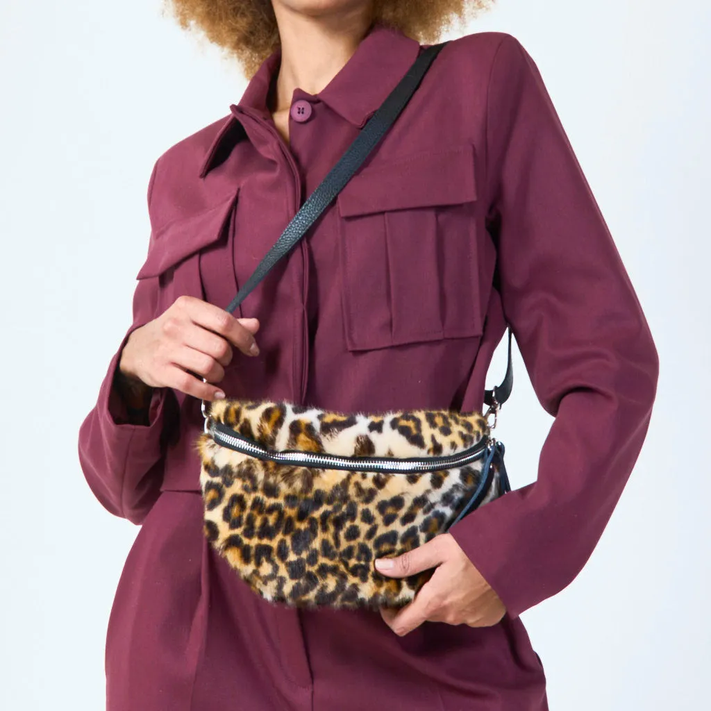 Faux fur leopard print belt bag wholesale