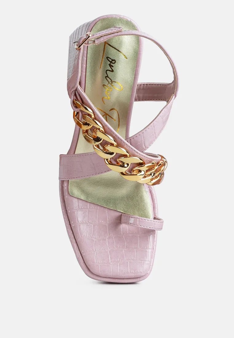 frecklin metal chain block heel sandals