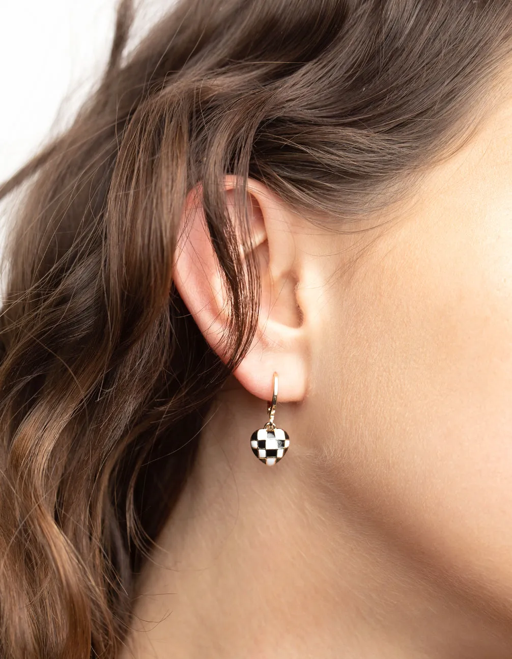 Gold Black & White Checkered Heart Huggie Earrings