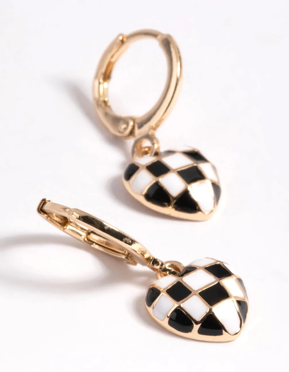Gold Black & White Checkered Heart Huggie Earrings
