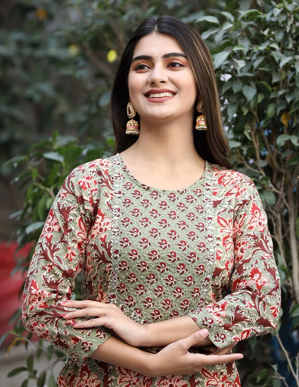 Green Printed Cotton Kurta Pant Set (set of 2)
