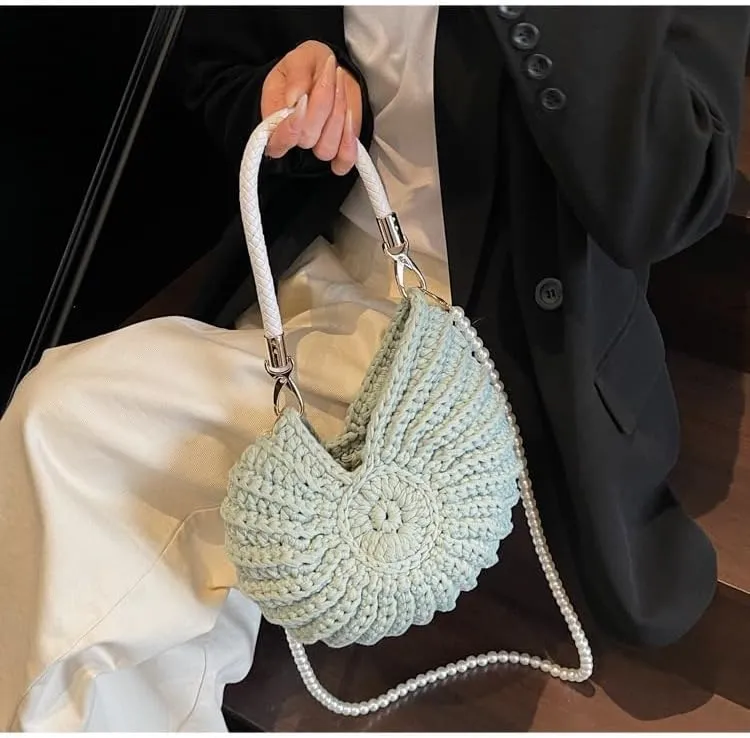 Handwoven Fashion Seashell Bag Stylish & Unique Boho Clutch with Pearl Strap Leather Handle & Premium Hardware