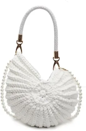 Handwoven Fashion Seashell Bag Stylish & Unique Boho Clutch with Pearl Strap Leather Handle & Premium Hardware