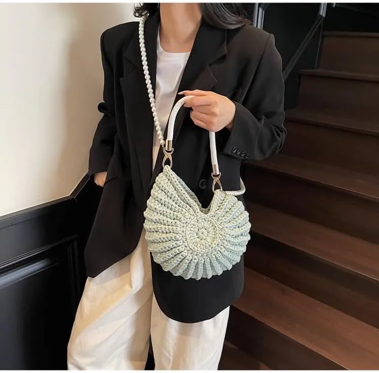 Handwoven Fashion Seashell Bag Stylish & Unique Boho Clutch with Pearl Strap Leather Handle & Premium Hardware