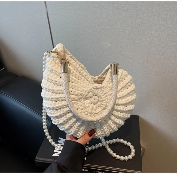 Handwoven Fashion Seashell Bag Stylish & Unique Boho Clutch with Pearl Strap Leather Handle & Premium Hardware