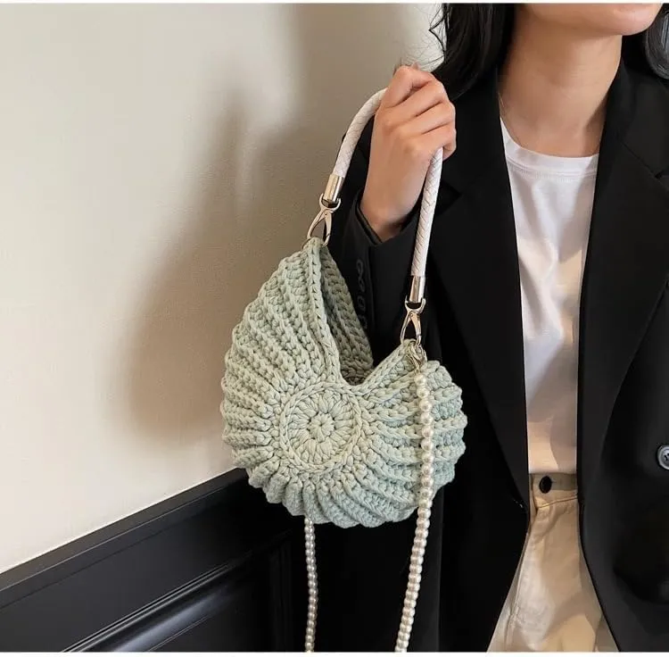 Handwoven Fashion Seashell Bag Stylish & Unique Boho Clutch with Pearl Strap Leather Handle & Premium Hardware