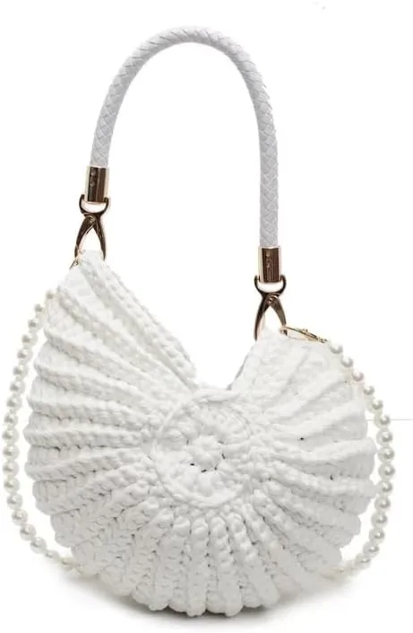 Handwoven Fashion Seashell Bag Stylish & Unique Boho Clutch with Pearl Strap Leather Handle & Premium Hardware