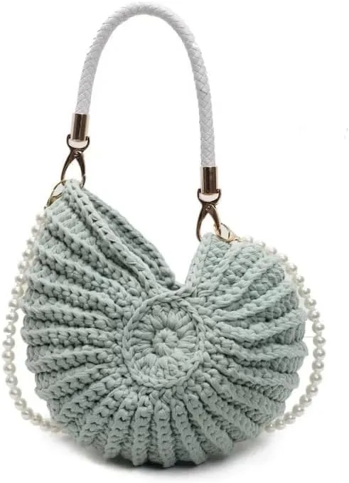Handwoven Fashion Seashell Bag Stylish & Unique Boho Clutch with Pearl Strap Leather Handle & Premium Hardware