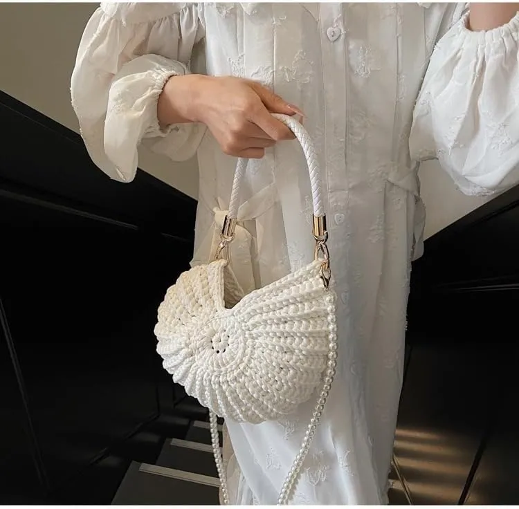 Handwoven Fashion Seashell Bag Stylish & Unique Boho Clutch with Pearl Strap Leather Handle & Premium Hardware