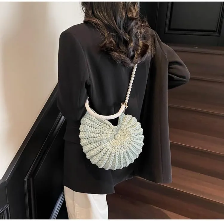 Handwoven Fashion Seashell Bag Stylish & Unique Boho Clutch with Pearl Strap Leather Handle & Premium Hardware