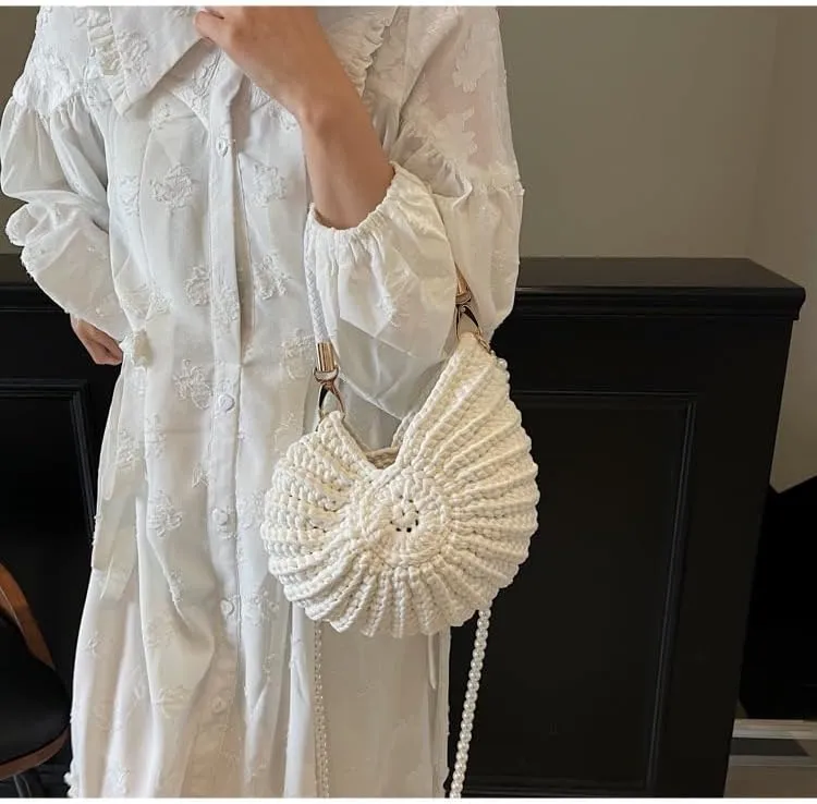 Handwoven Fashion Seashell Bag Stylish & Unique Boho Clutch with Pearl Strap Leather Handle & Premium Hardware