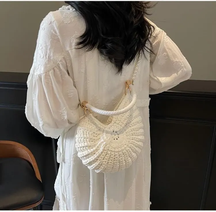Handwoven Fashion Seashell Bag Stylish & Unique Boho Clutch with Pearl Strap Leather Handle & Premium Hardware