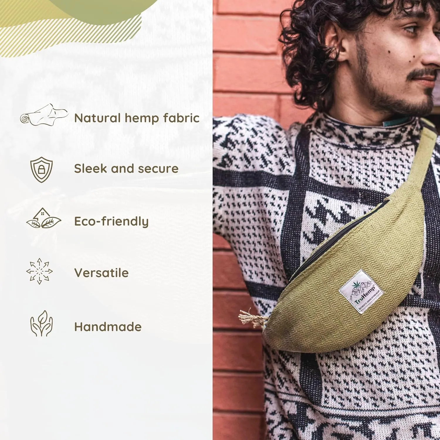 Hemp Fanny Pack, Mustard  Lightweight Waist Bag with Adjustable Strap for Travel, Festivals, and Hiking