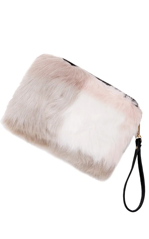 JBG041 Pink Color-block Faux Fur Zip Top Closure w/Detachable Pouch