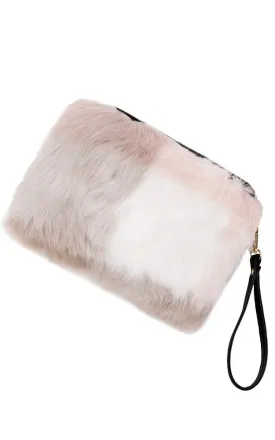 JBG041 Pink Color-block Faux Fur Zip Top Closure w/Detachable Pouch