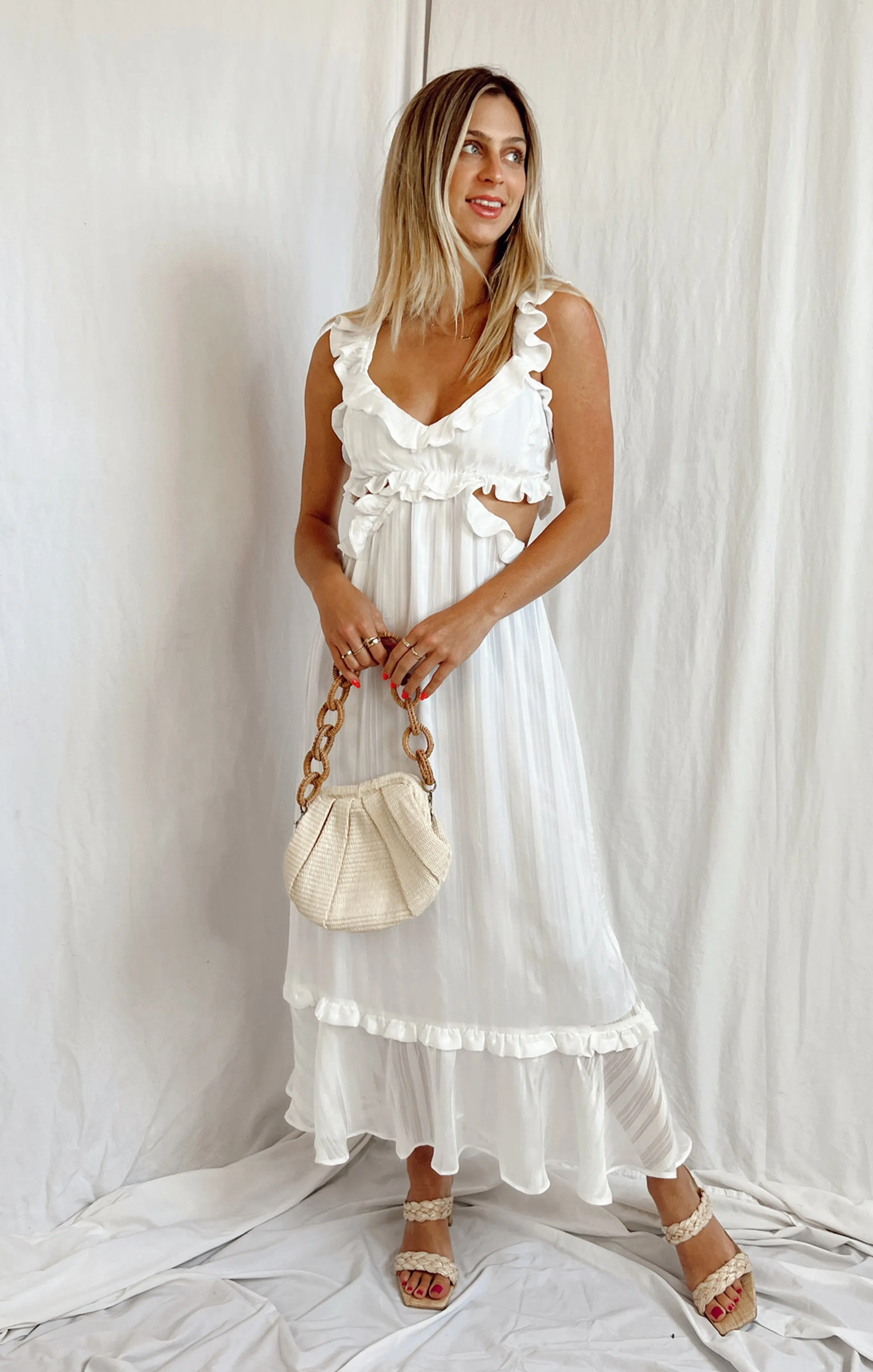 Lane Midi Dress ~ Flutter Stripe Chiffon White