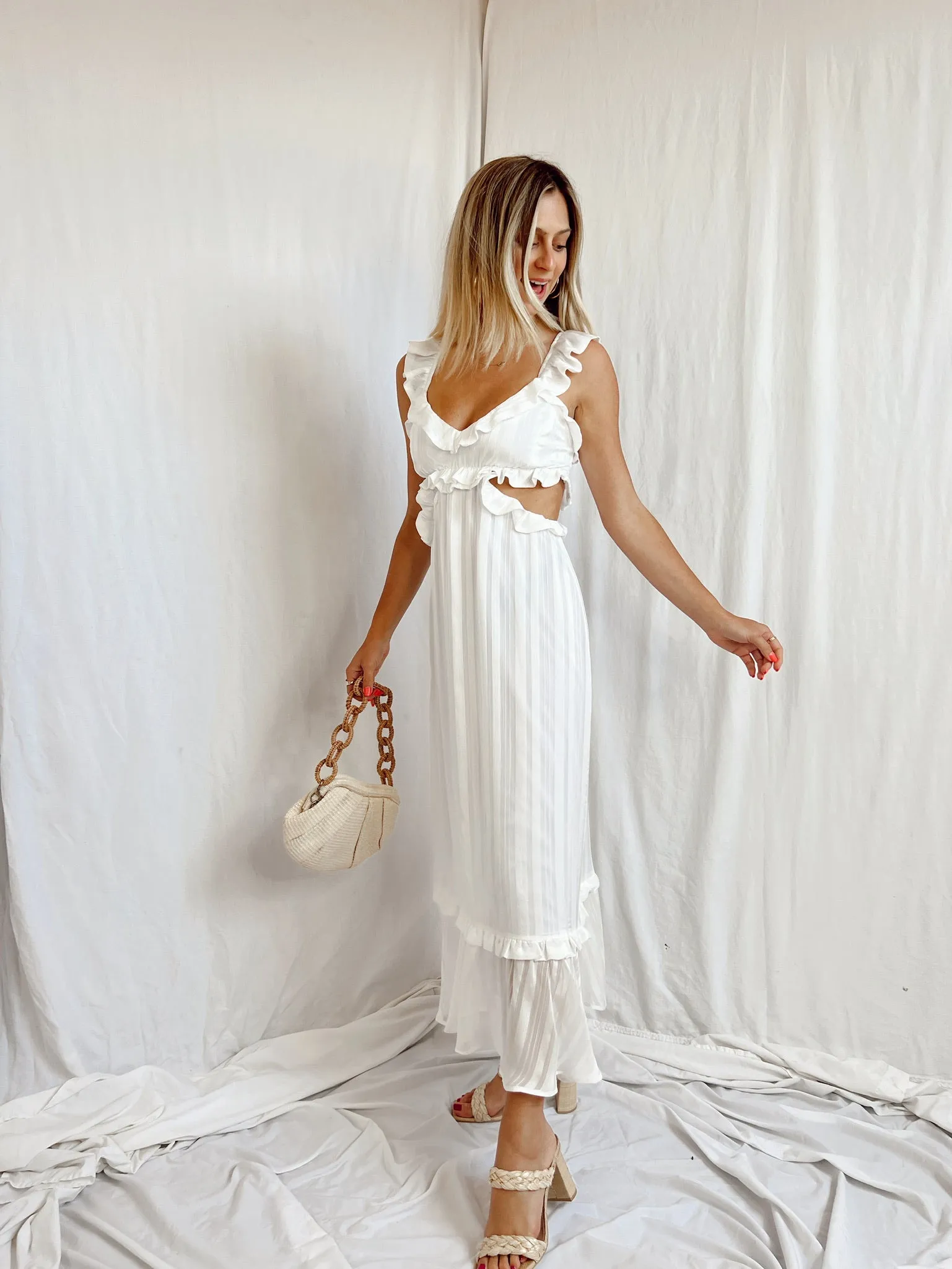Lane Midi Dress ~ Flutter Stripe Chiffon White