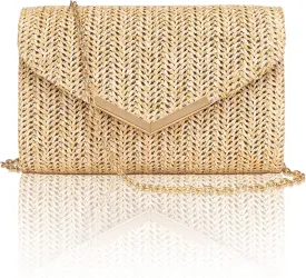Larcenciel Straw Purse for Women, Summer Woven Beach Purse Trendy with Chain Strap, Boho Envelope Evening Clutch Handbag, Brown Crossbody Shoulder Party Bag for Wedding, Prom, Cocktail Night, Vacation