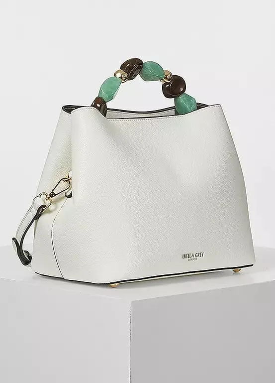 Luella Grey Christina Beaded Handle Bucket Tote Bag in White
