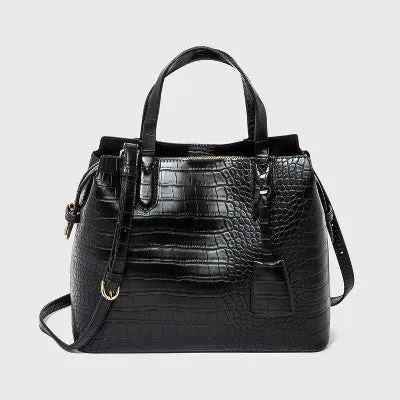 Open Box - Alligator Print Triple Compartment Satchel Handbag - A New Day Black