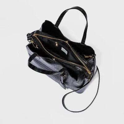 Open Box - Alligator Print Triple Compartment Satchel Handbag - A New Day Black
