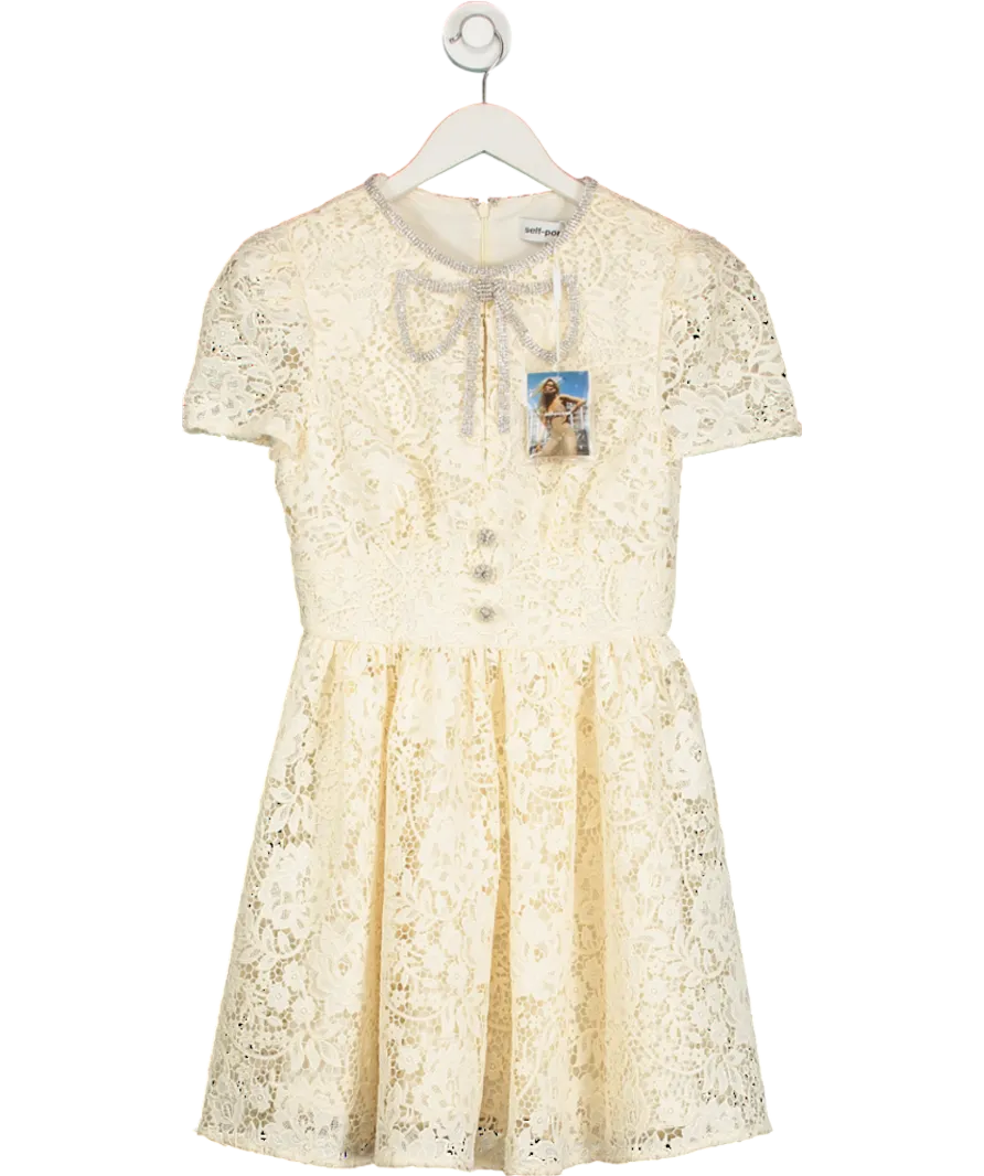 Self-Portrait Cream Cord Lace Bow Detail Mini Dress UK 8