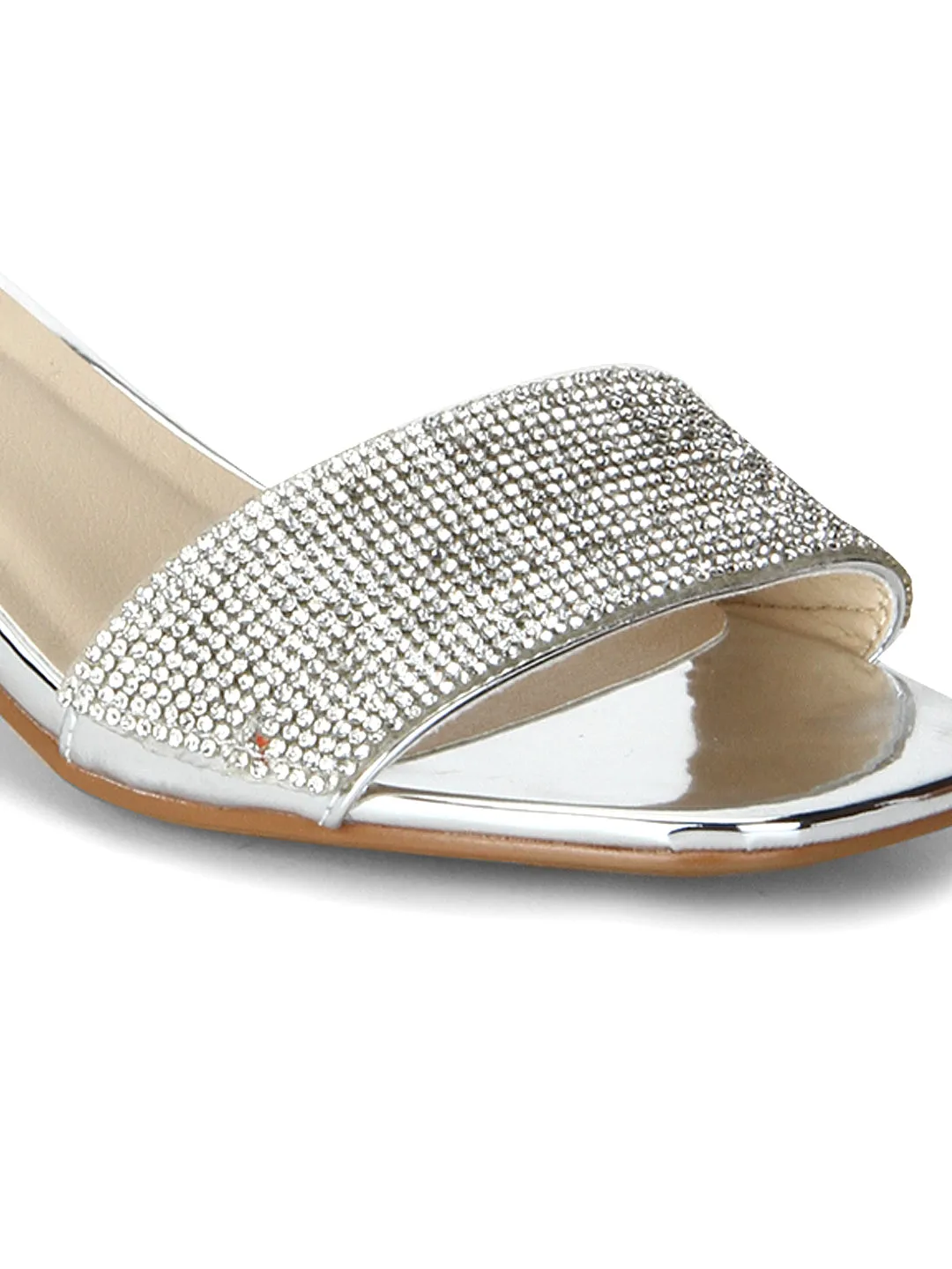 Silver Mirror Low Block Sandal Heels