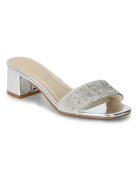 Silver Mirror Low Block Sandal Heels
