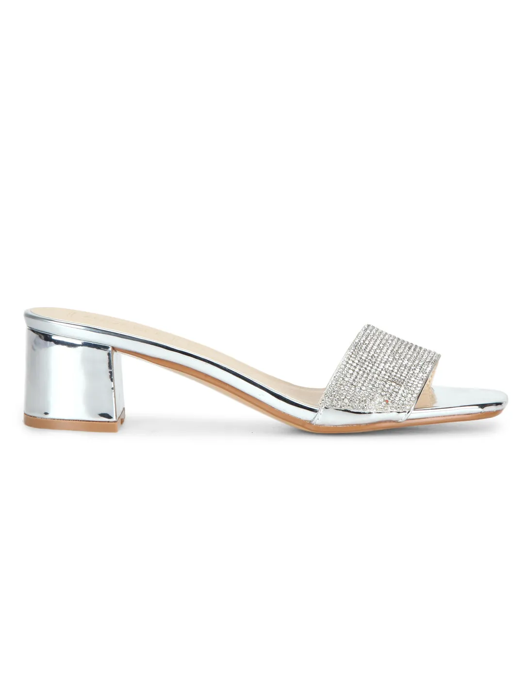 Silver Mirror Low Block Sandal Heels