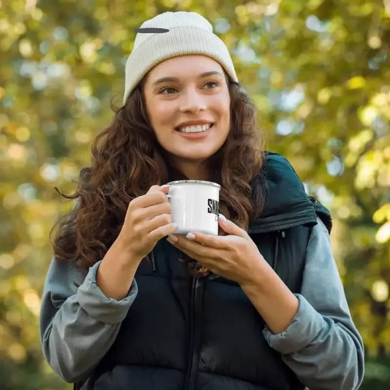 Sleek White Snake Enamel Mug: Lightweight, Durable, Multifunctional
