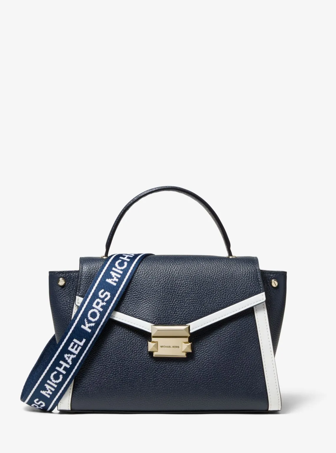 Whitney Medium Logo Tape Pebbled Leather Satchel